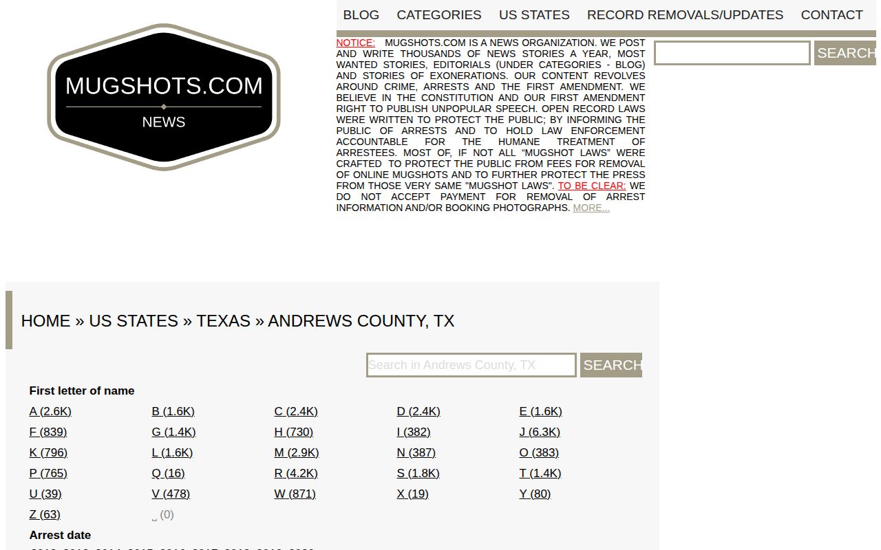 Unofficial historical Andrews County arrest record index for source-date checking