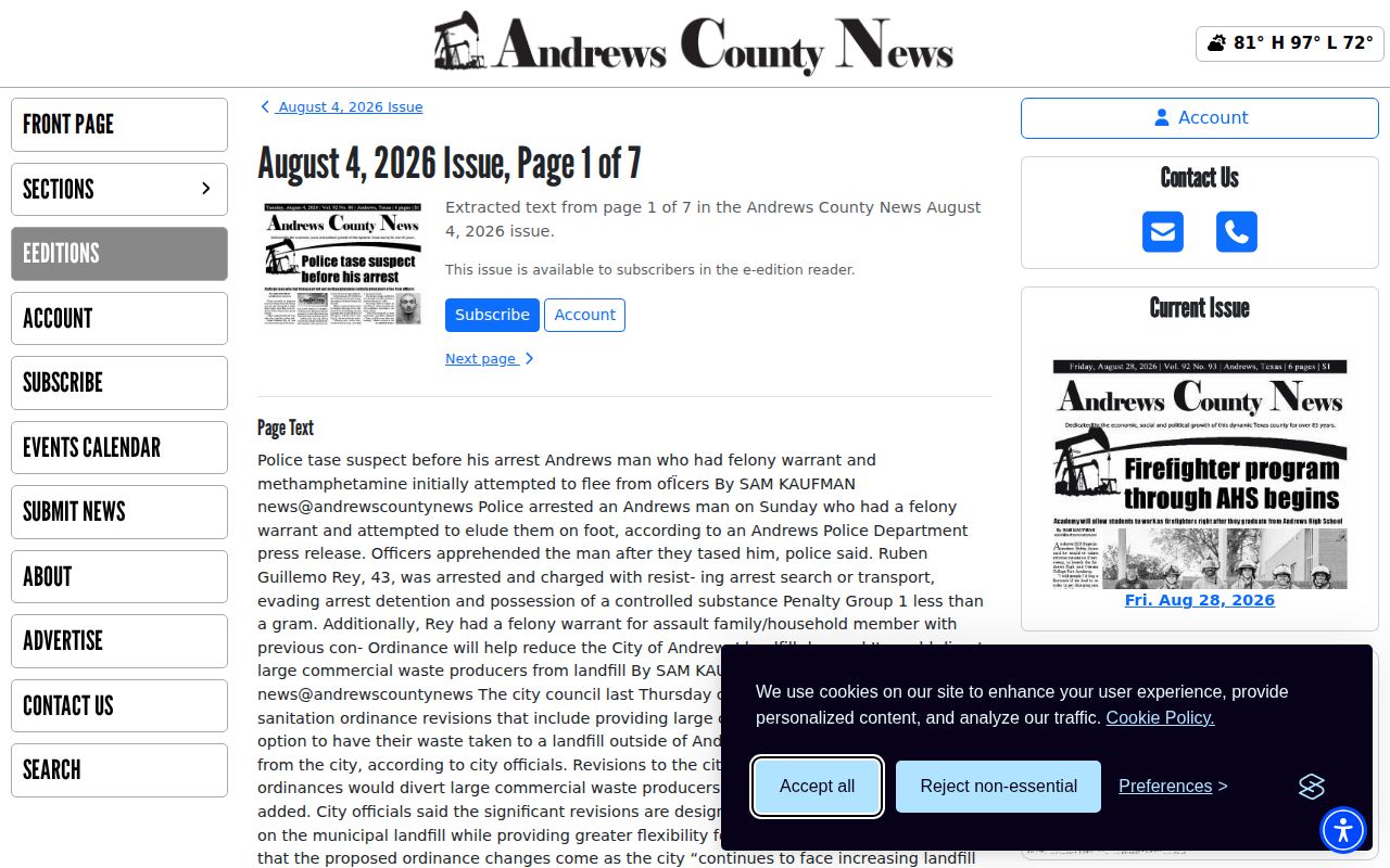 Andrews County arrest news issue page with police-release reporting context