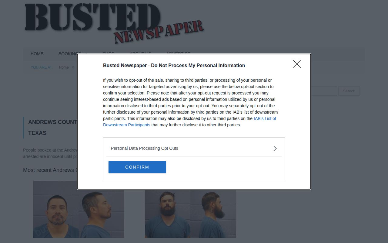 Unofficial Andrews County booking-record publisher interface used as an arrest news lead